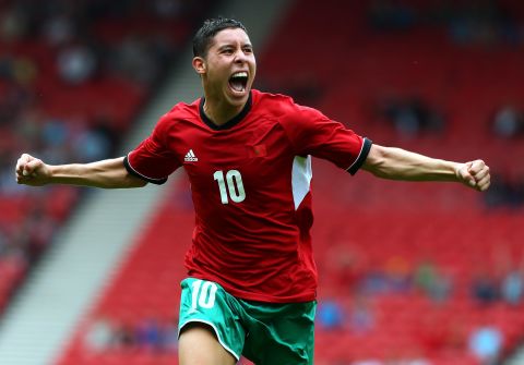 Abdelaziz Barrada of Morocco celebrates after scoring during a Group D soccer match against Honduras on Thursday in Glasgow. 