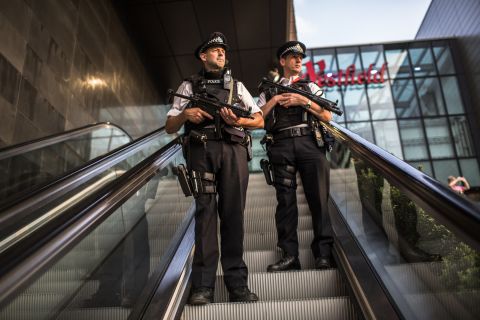 Police patrol Westfield Stratford City shopping mall near London Olympic Park on Thursday.