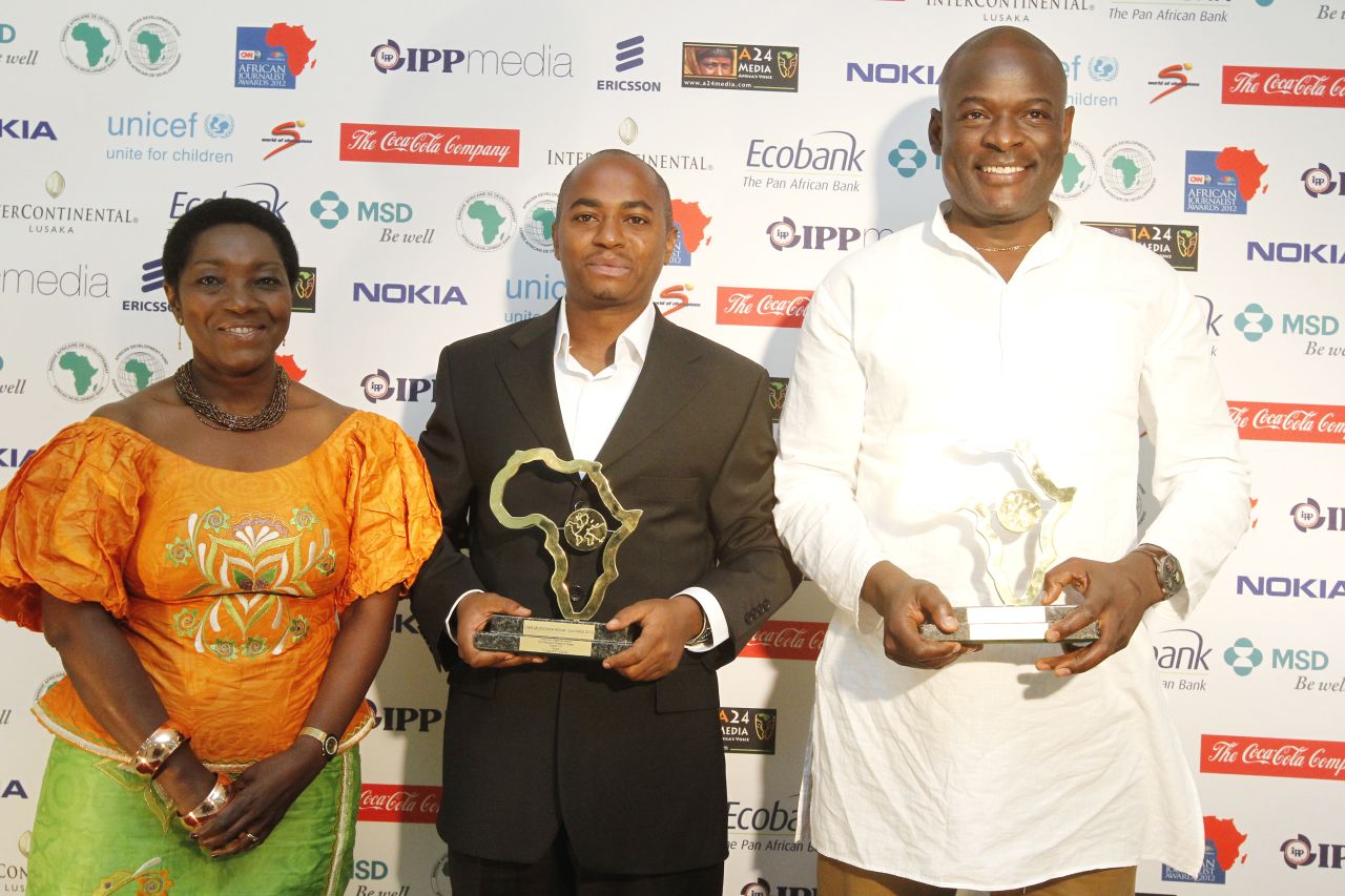 Kenya's Citizen TV gets several honors on the night when journalists Tom Mboya (right) and Evanson Nyaga (left) win both the Television Features Award and are the overall winners of the CNN MultiChoice African Journalist Awards 2012 for their work called "African tribe in India."