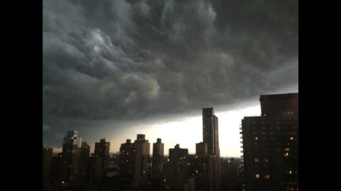 Another iReporter, David Steiner, snapped these thick gray clouds from Manhattan's Upper East Side at about 7:30 Thursday night. "One moment I was having dinner and  the sky was almost clear, and then we looked out an saw this huge dark mass of clouds," Steiner says. "The rain and lightning and thunder came later."