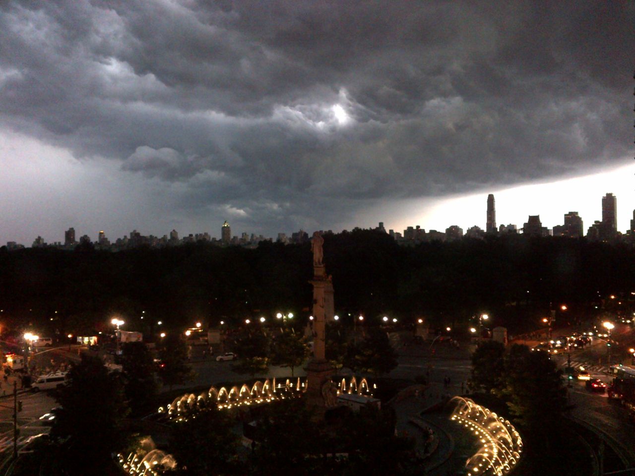 The storm brews over Columbus Circle, looking east over Central Park in New York on Thursday.