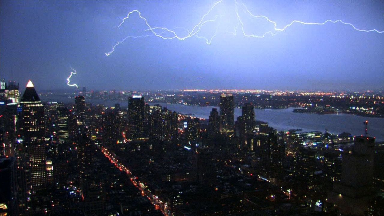 Lightning forks over the New York skyline.
