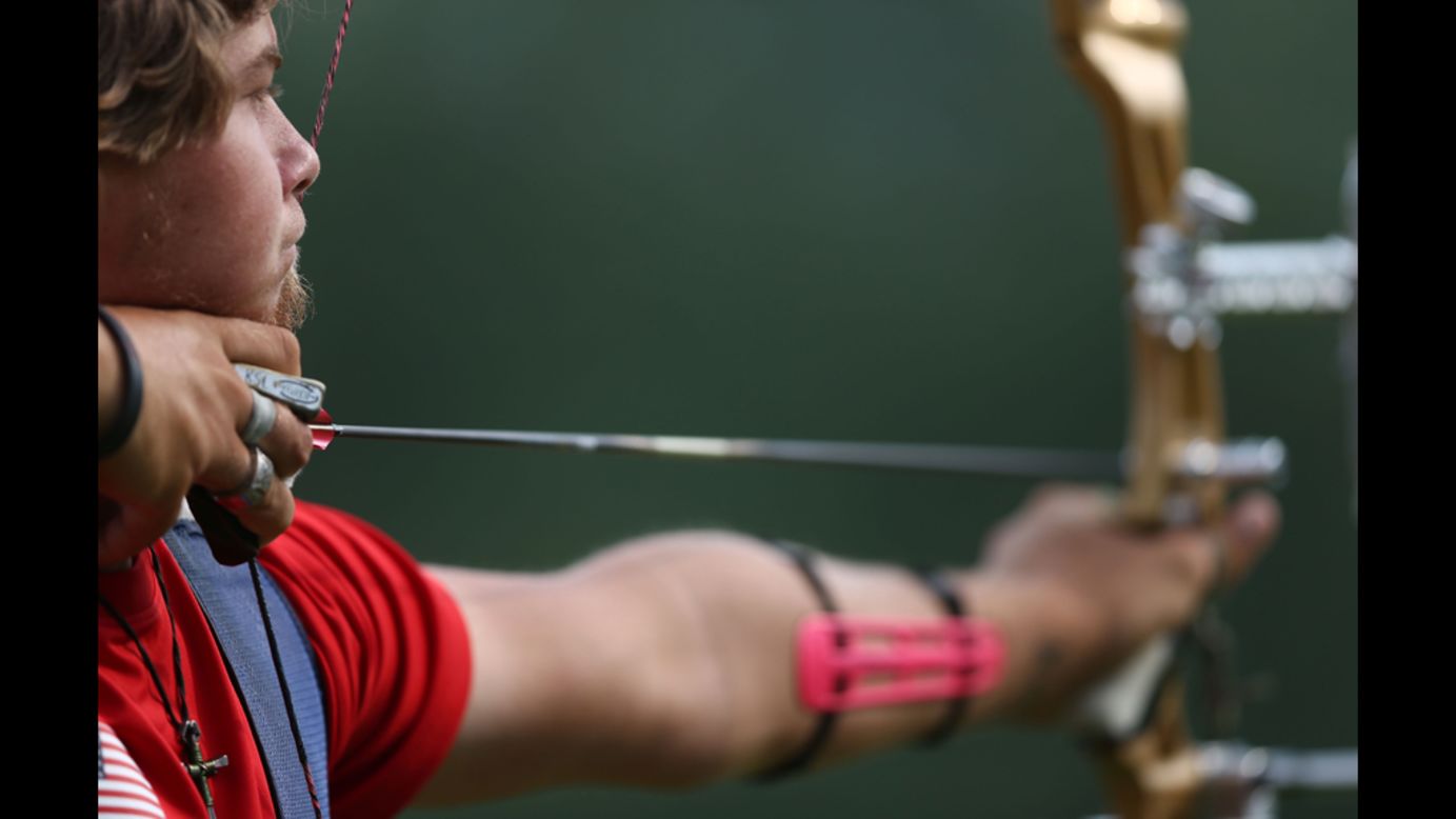 Brady Ellison of the United States prepares for the archery ranking round on Olympics opening day in London.