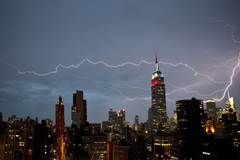 iReporter Matthew Burke reports the strong storms in New York  on Thursday night produced quite a show. He said it looked like the lightning initially struck the Bank of America building and then snaked its way through the sky.