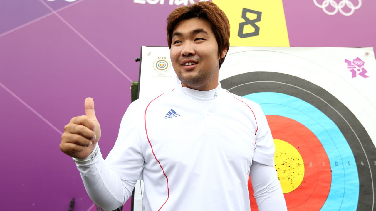 Im Dong Hyun of Korea celebrates breaking the World Record during the Men's Individual Archery Ranking Round on Friday, July 27 in London, England.