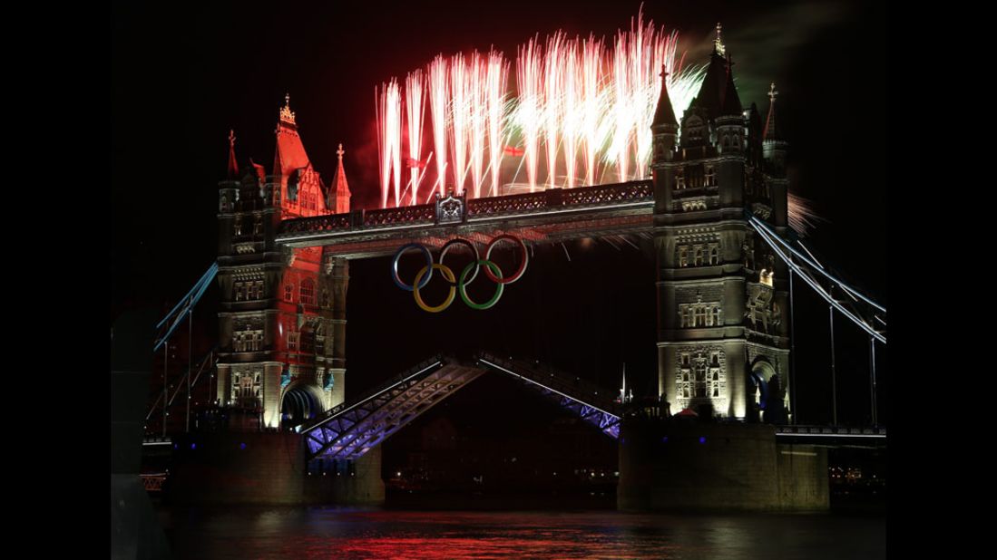 Fireworks are displayed at Tower Bridge.
