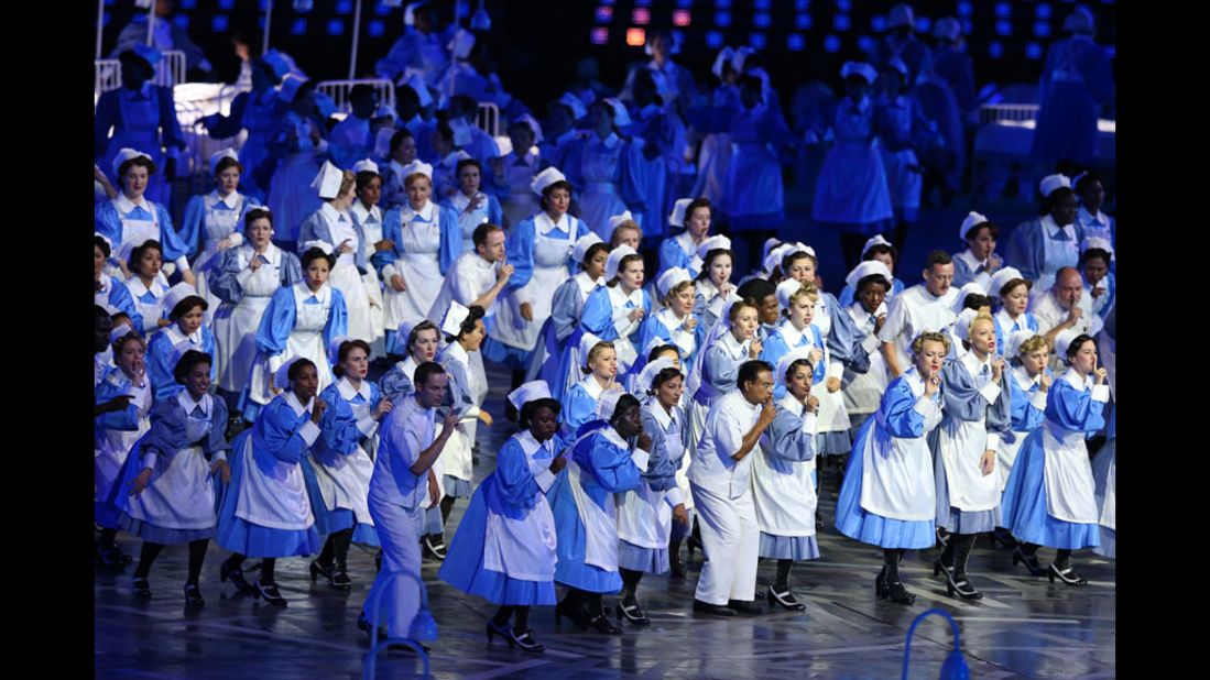Performers from the GOSH, Great Ormond Street Hospital, perform during the opening ceremony.
