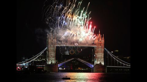 Fireworks light up Tower Bridge.