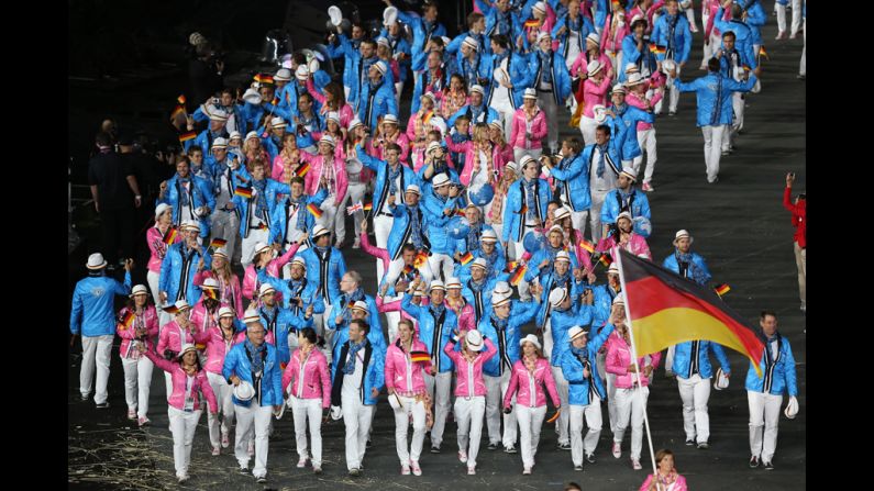 Natascha Keller of the German Olympic hockey team carries her country's flag during the opening ceremony.