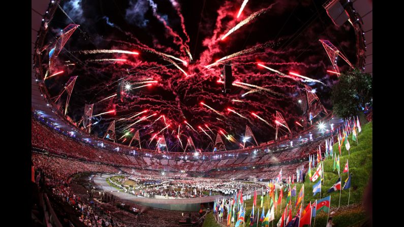 General view as fireworks illuminate the sky during the opening ceremony.