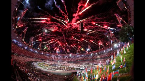 General view as fireworks illuminate the sky during the opening ceremony.