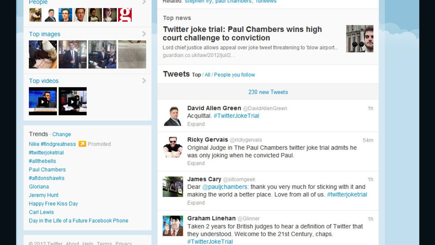 Messages of support flooded into Twitter following the court verdict to clear Paul Chambers of sending a menacing tweet.