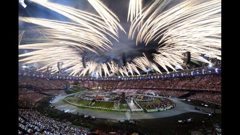 Fireworks burst above the stadium during the opening ceremony.