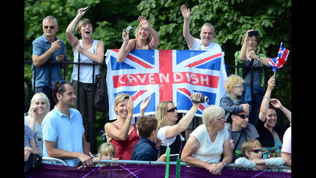 British fans enjoy the atmosphere during the men's cycling road race.