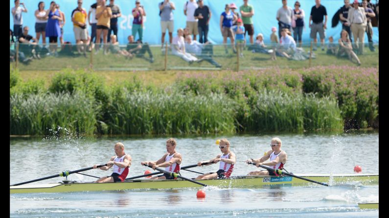 Rowers from Denmark compete in the men's lightweight four heats at Eton Dorney near Windsor, England.