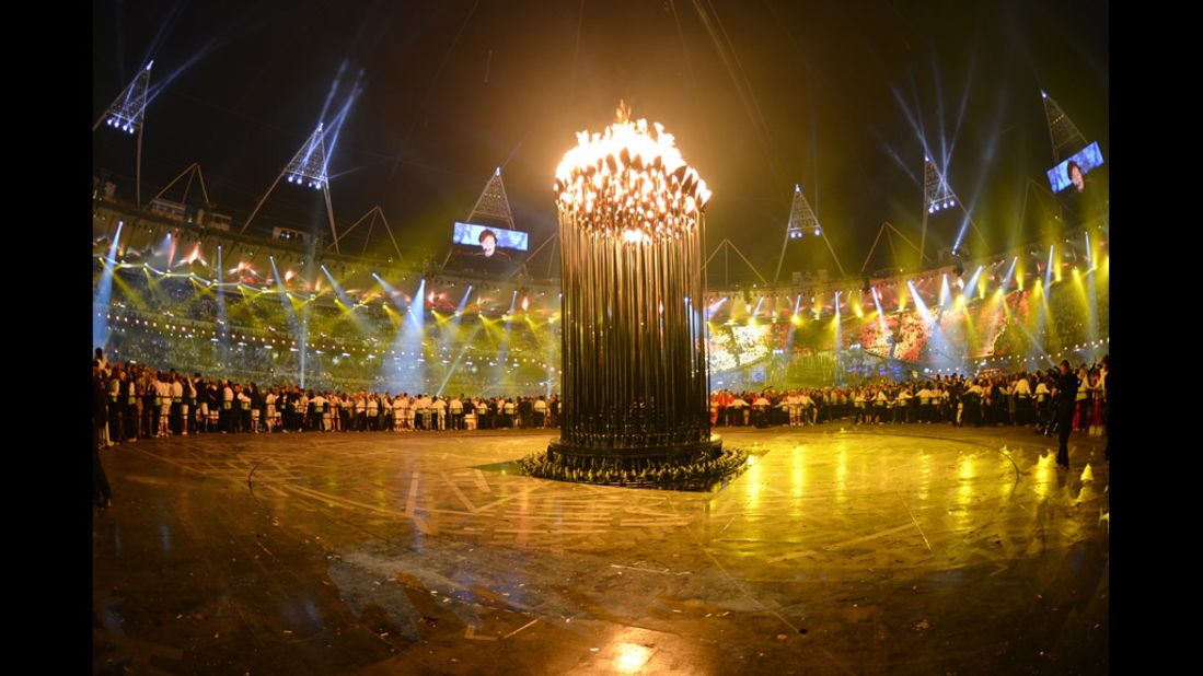 The lit cauldron inside the Olympic Stadium.