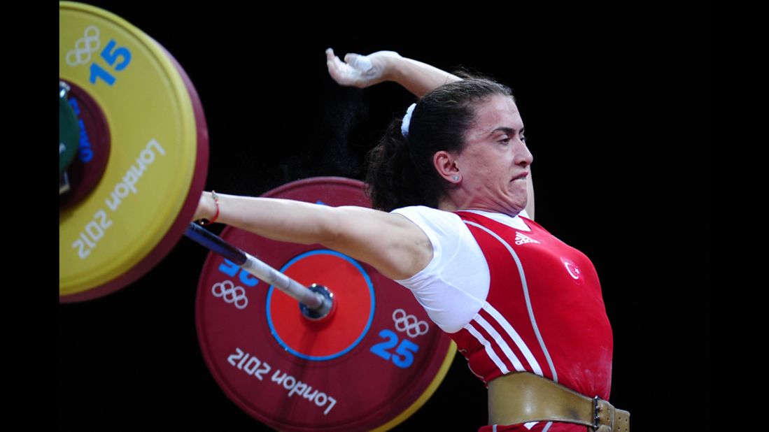 Turkey's Nurdan Karagoz is competing in women's weightlifting.