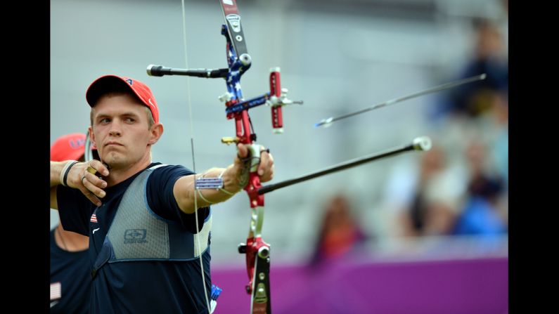 Jacob Wukie of the United States shoots an arrow during the men's team archery final match against Italy. Italy defeated the United States to win gold as South Korea got bronze.