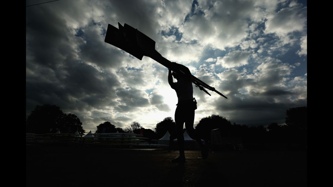 A rower prepares to compete at Eton Dorney near Windsor, England.