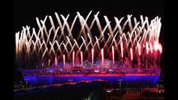 Fireworks are let off over the Olympic stadium
