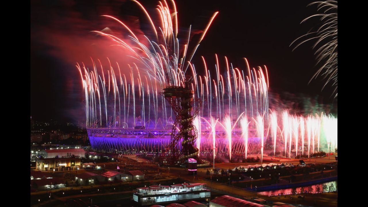 Fireworks over the Olympic Stadium.