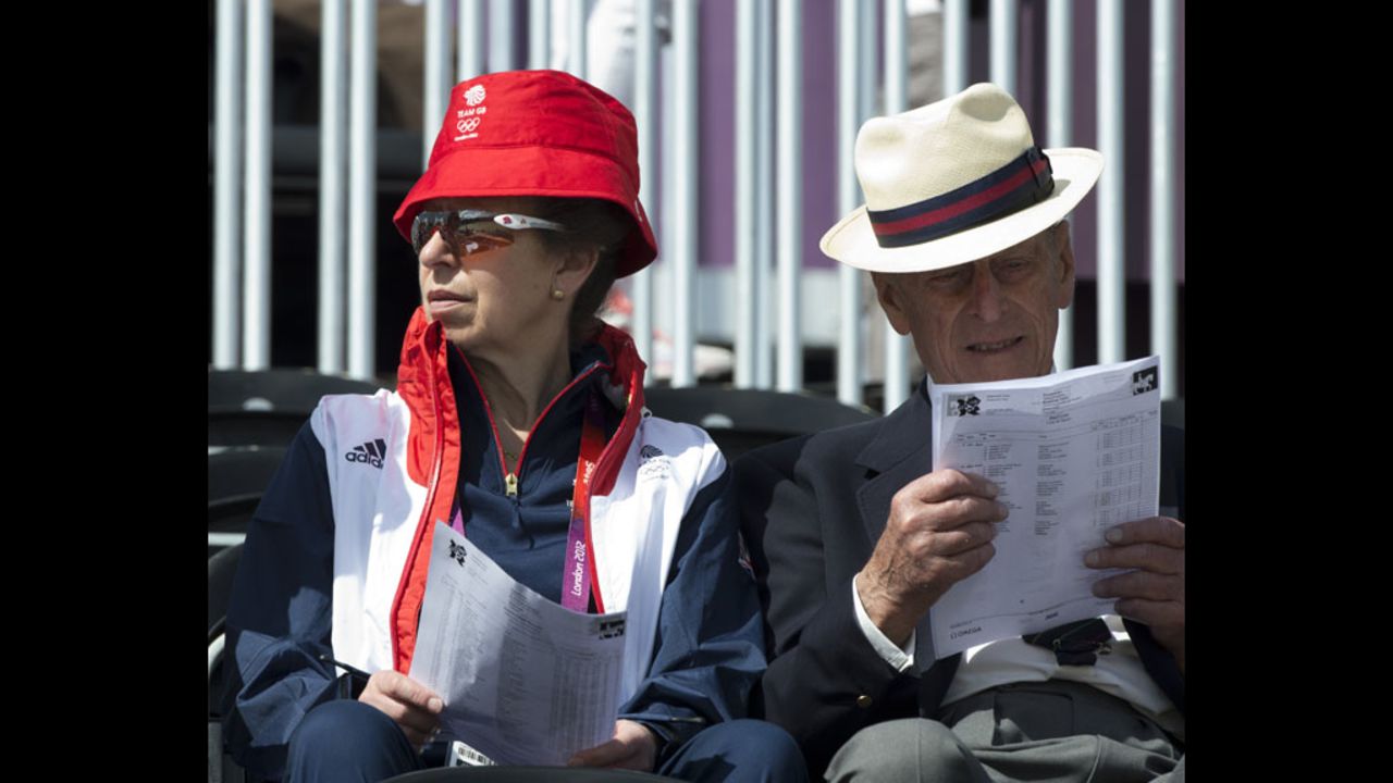 Britain's Prince Philip, right, and Princess Anne, Princess Royal, left, attend the Dressage phase of the equestrian competition.