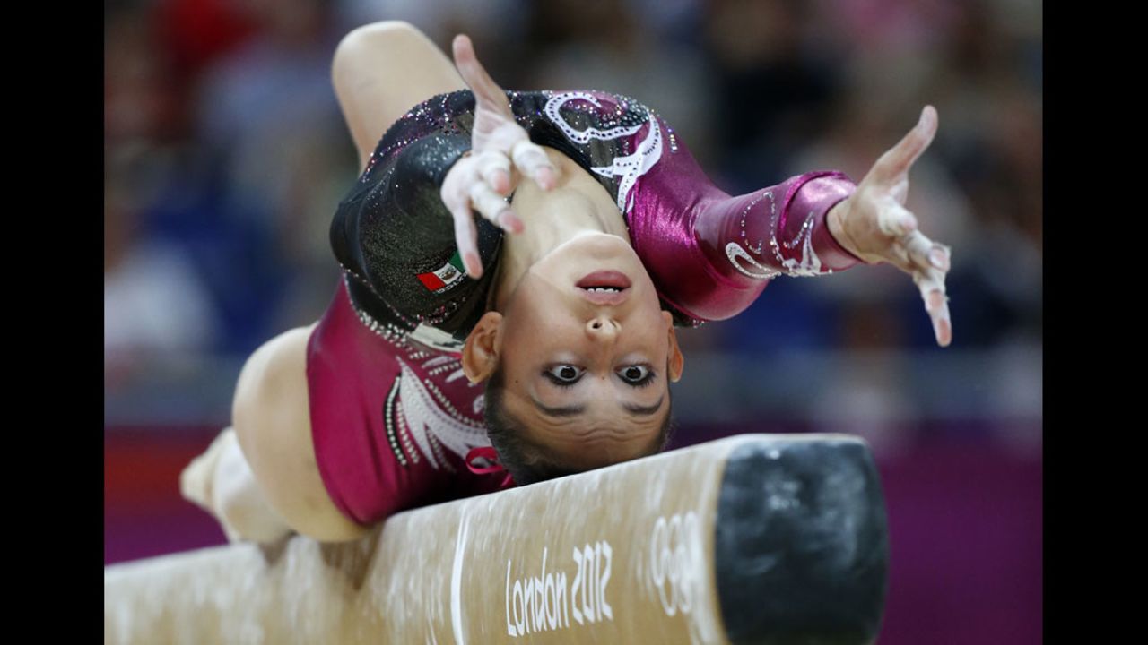 Elsa Garcia Rodriguez Blancas of Mexico performs on the balance beam during the women's qualification of the artistic gymnastics event.