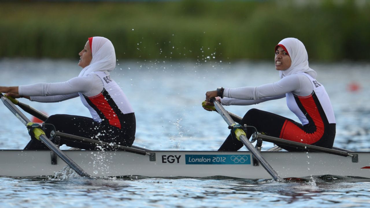 Egypt's Sara Mohamed Baraka, right, and Fatma Rashed compete in the women's lightweight double sculls heats for rowing.