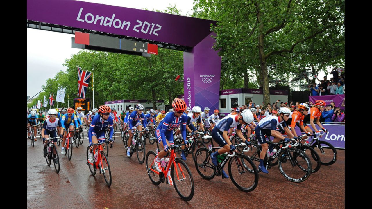 Cyclists at the start of the women's road race event.