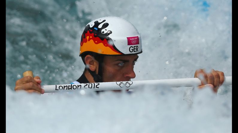 Germany's Sideris Tasiadis competes during the men's canoe single slalom.