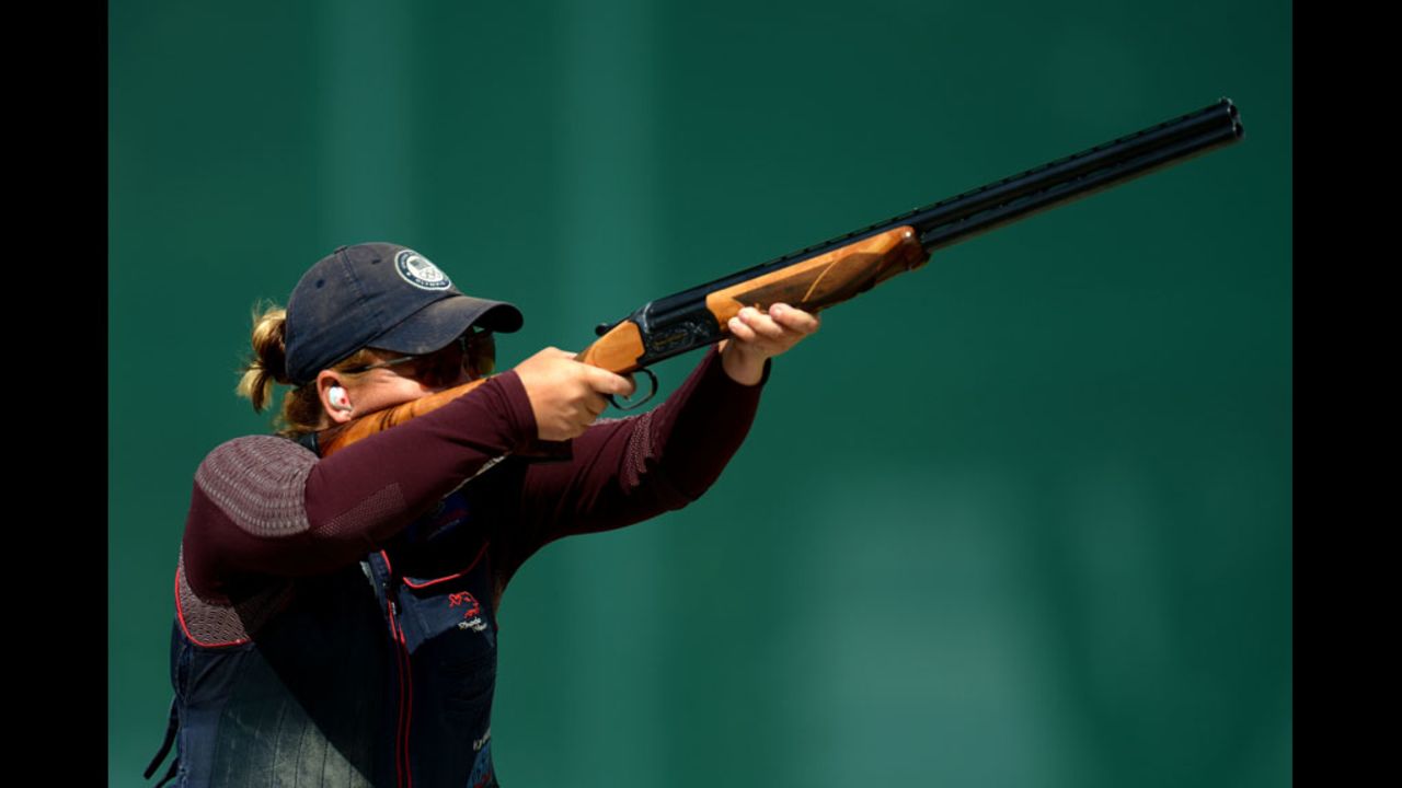 American Kimberly Rhode competes in the qualification round for women's skeet shooting. Rhodes went on to win a gold medal.