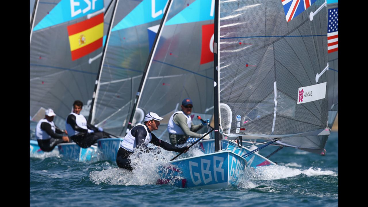 Ben Ainslie of Great Britain in action during the first Finn class race in Weymouth, England.