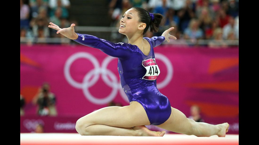 American Kyla Ross competes in the floor exercise in the artistic gymnastics women's team qualification round.