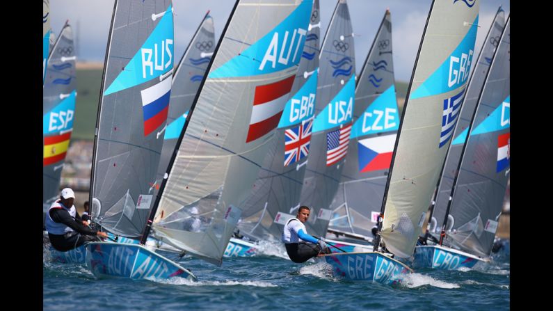 Greece's Ioannis Mitakis competes in the Finn class race at Weymouth Harbour.