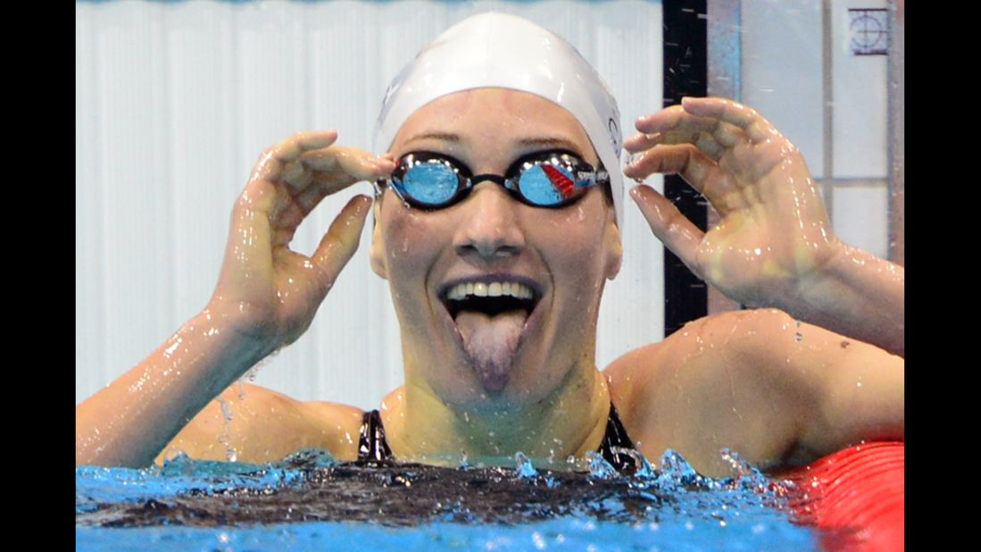French swimmer Camille Muffat celebrates after winning the women's 400-meter freestyle final.