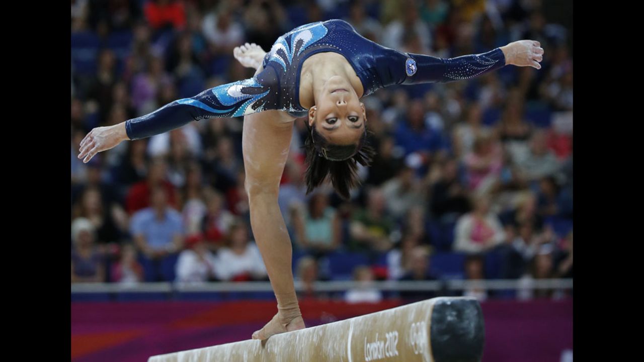 Guatemalan gymnast Ana Sofia Gomez Porras competes on the balance beam during the women's artistic gymnastics qualification event.