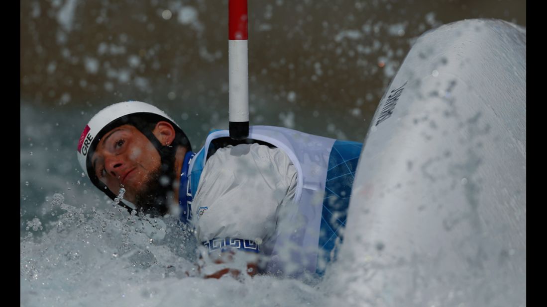 Christos Tsakmakis of Greece competes during the men's canoe single slalom.