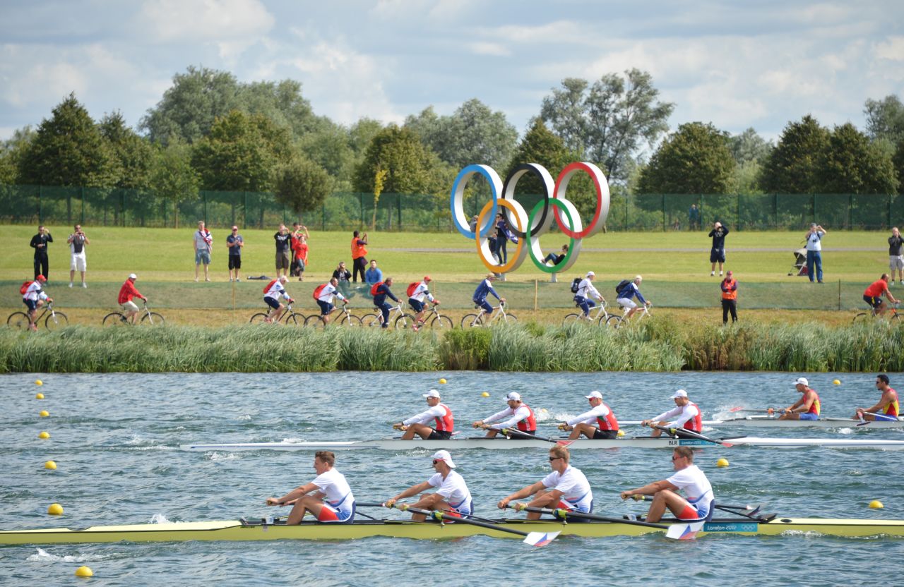 Rowers compete at Eton Dorney Rowing Centre in Eton, west of London, on Monday.