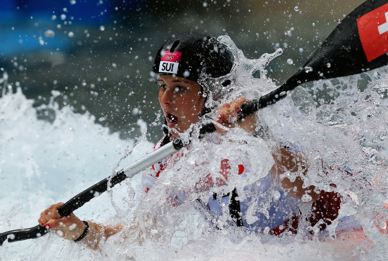 Elise Chabbey of Switzerland takes part in the women's kayak single slalom heat on Monday at the Lee Valley White Water Centre in London. 