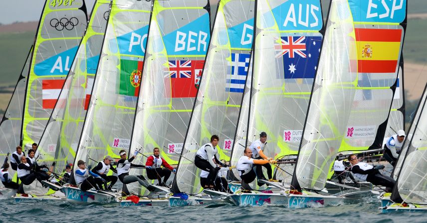 Competitors take off at the start of the race in the 49er sailing class competition in Weymouth on Monday.