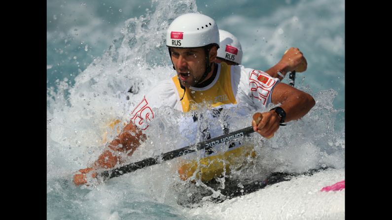 Mikhail Kuznetsov and Dmitry Larionov of Russia compete during the men's canoe double slalom heats on Monday.