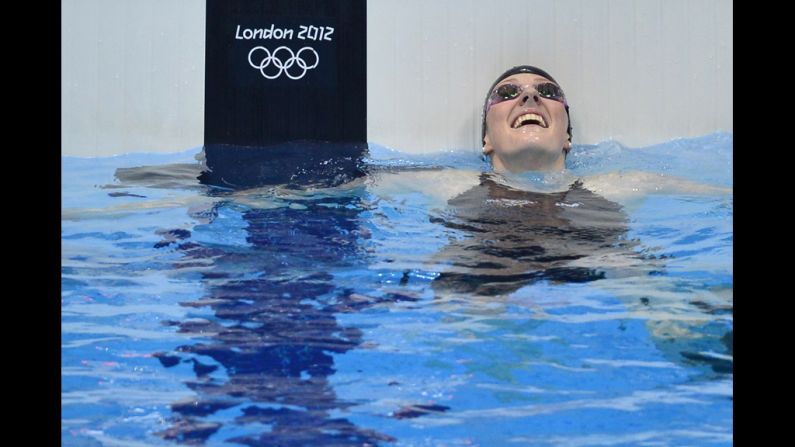 U.S. swimmer Missy Franklin celebrates winning the women's 100-meter backstroke final swimming event at the London 2012 Olympic Games on Monday, July 30.