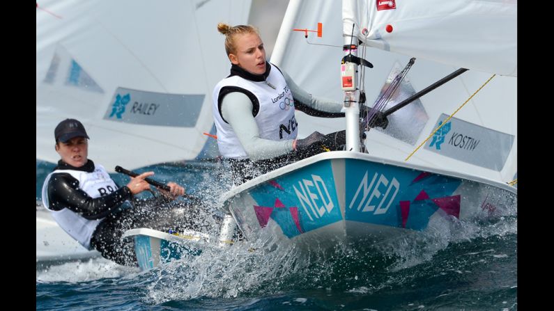Marit Bouwmeester of the Netherlands rounds a mark in the laser radial sailing class
