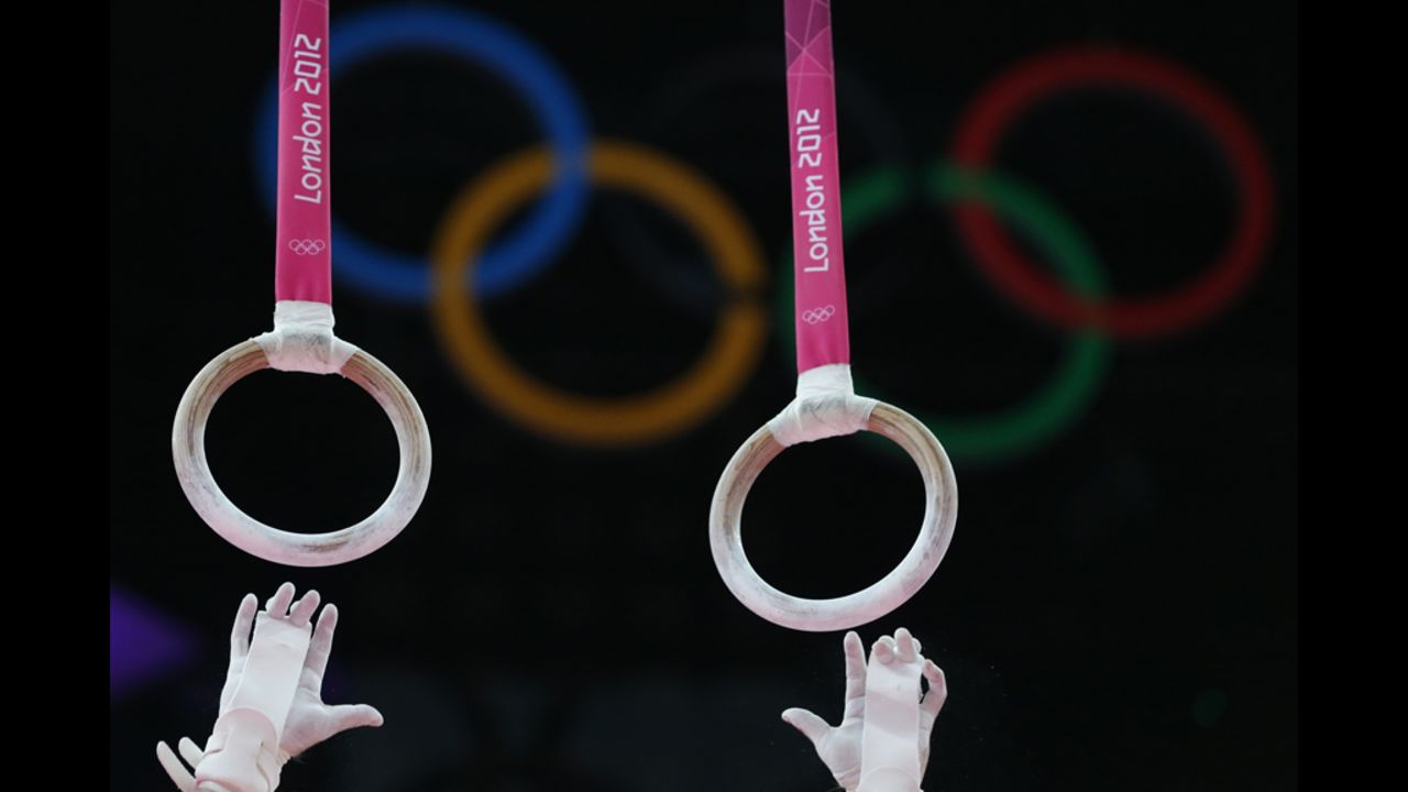 U.S. gymnast Jonathan Horton competes on the rings during the men's team final of the artistic gymnastics event.