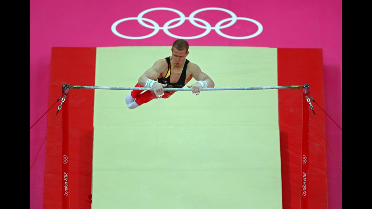 Fabian Hambuchen of Germany competes on the horizontal bar in the artistic gymnastics men's team final