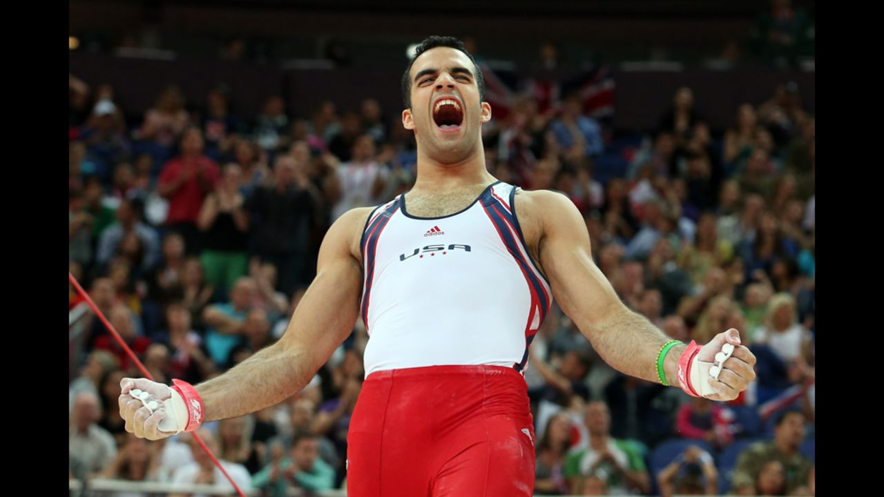Danell Leyva of the United States reacts in the artistic gymnastics men's team final.