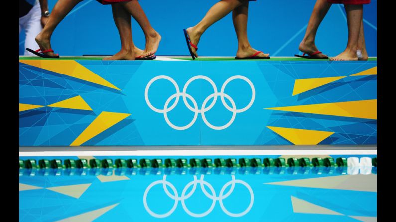 U.S. players line up before their women's water polo preliminary match against Hungary.