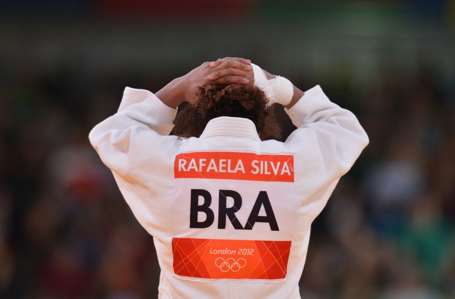 Brazil's Rafaela Silva reacts after realizing she put her BRA on backwards.