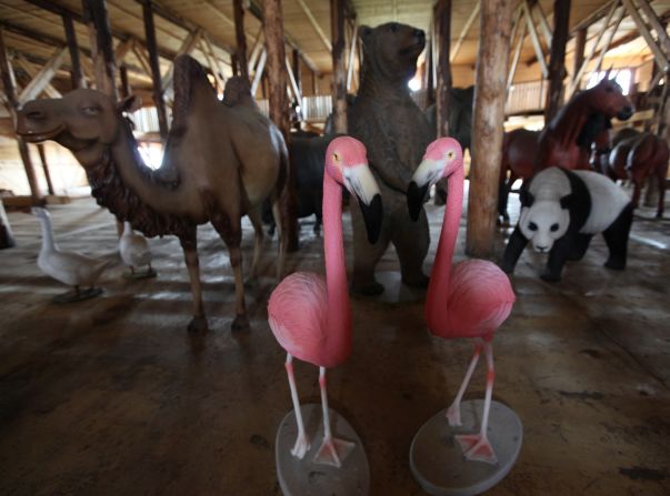 Huibers has filled his ark, intended to act as a biblical museum to inspire people with the story of Noah and the flood, with a menagerie of plastic animals, and an aviary of real birds.