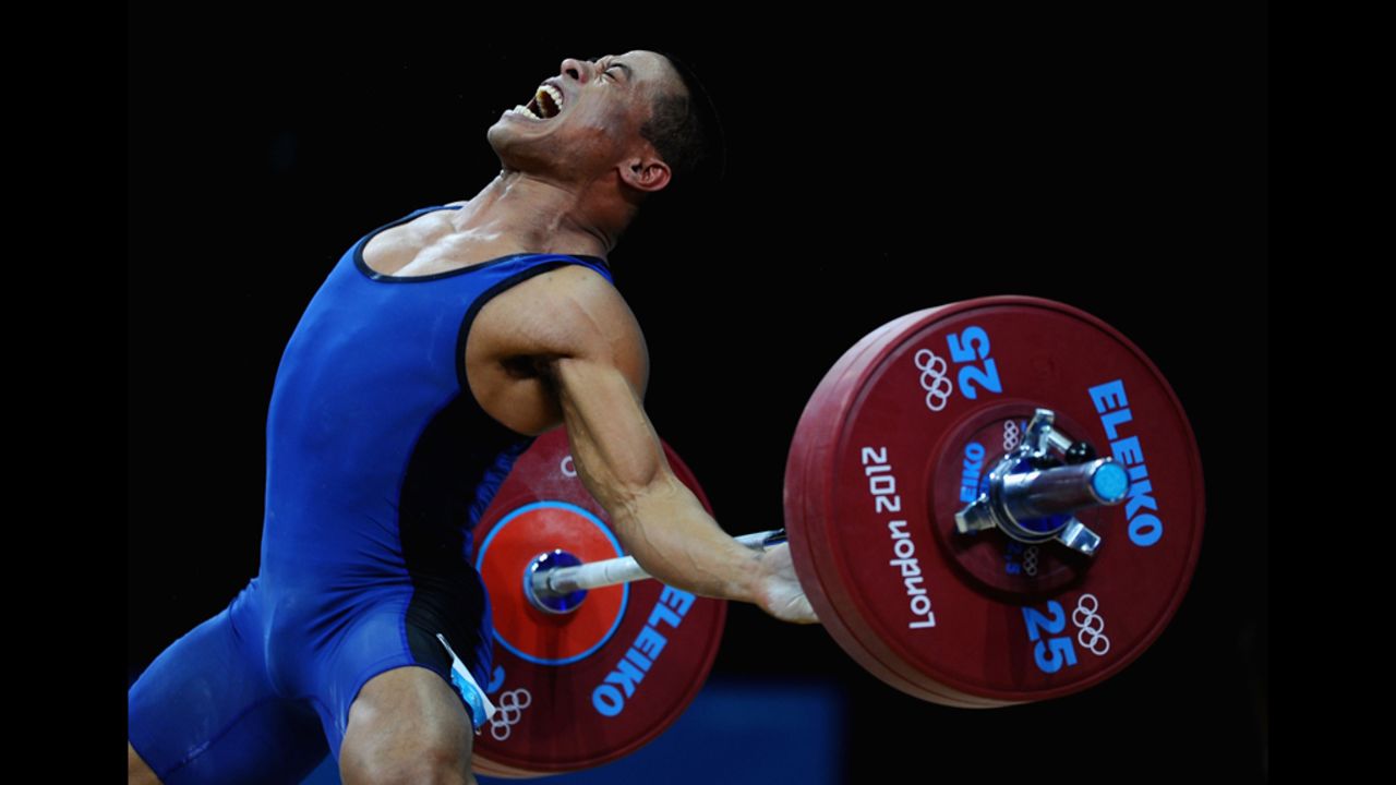 Manuel Minginfel of the Federated States of Micronesia competes in the Men's 62-kilogram weightlifting competition Monday.